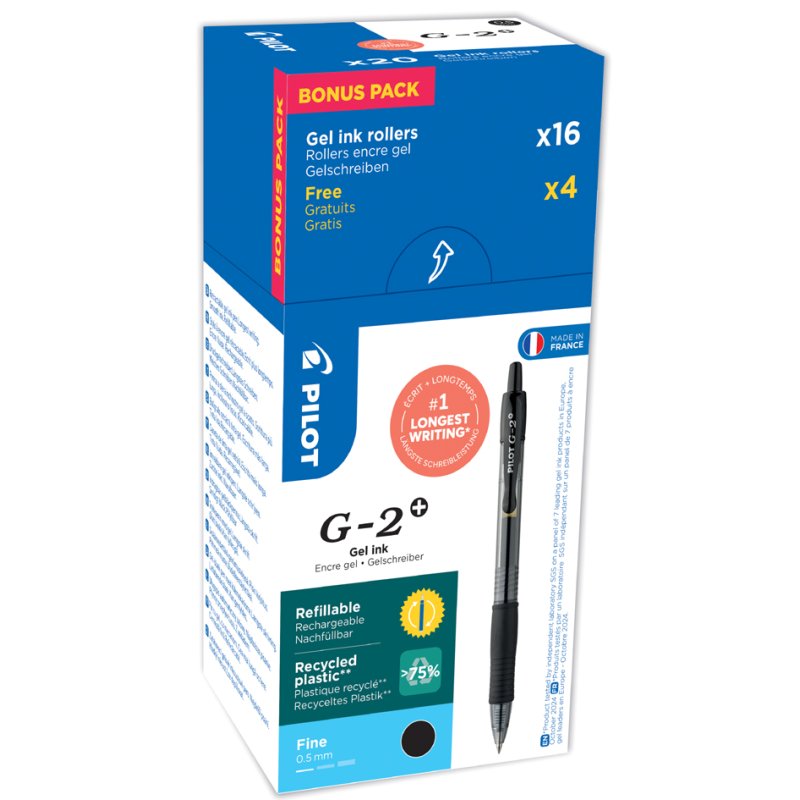 PILOT gelpen G-2 PLUS 05, navulbaar, zwart, 20 stuks