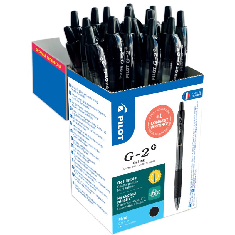 PILOT gelpen G-2 PLUS 05, navulbaar, zwart, 20 stuks
