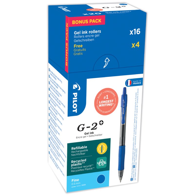 PILOT gelpen G-2 PLUS 05, navulbaar, zwart, 20 stuks