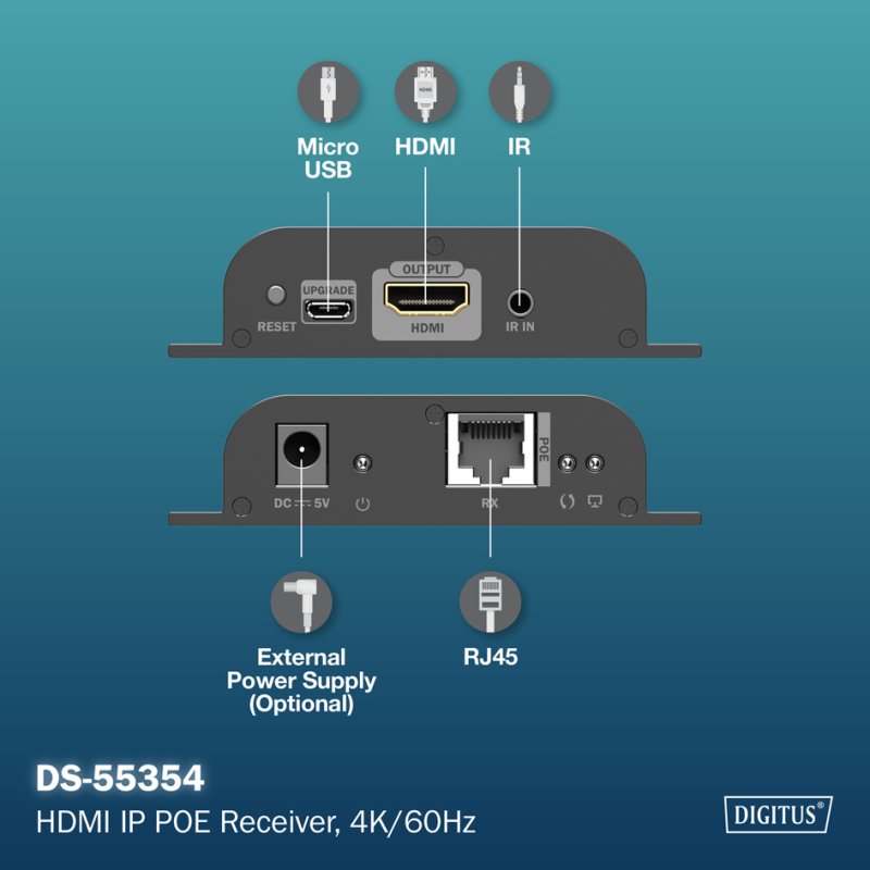 DIGITUS Récepteur HDMI IP PoE 4K, 4K/60Hz, 120/200 m
