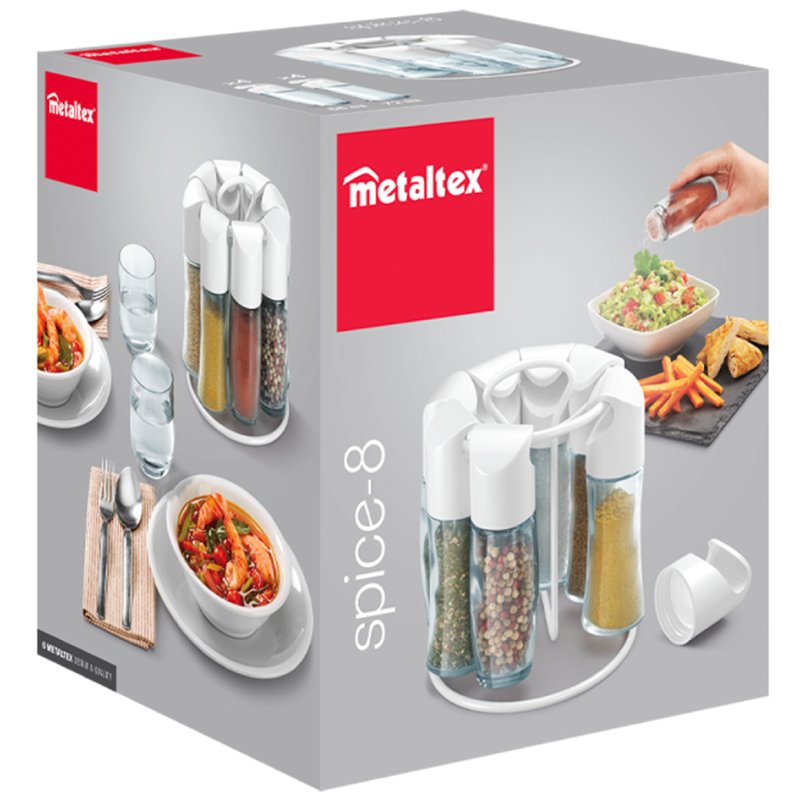 Metaltex porte-épices rotatif, blanc, 8 pots en verre, étiquettes incluses