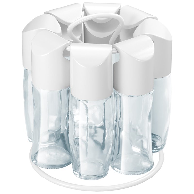 Metaltex porte-épices rotatif, blanc, 8 pots en verre, étiquettes incluses