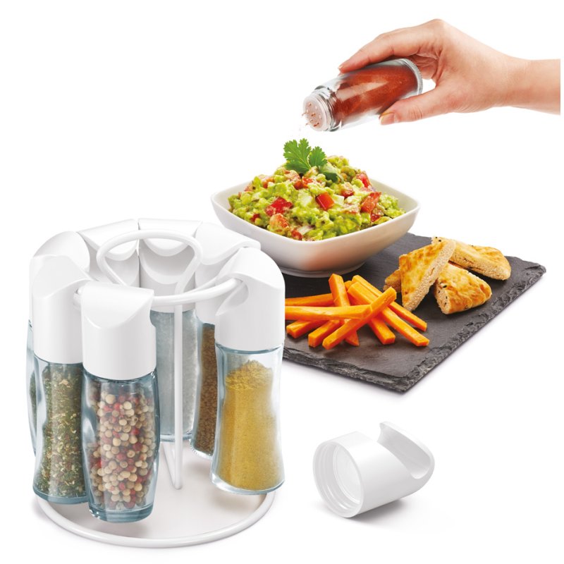 Metaltex porte-épices rotatif, blanc, 8 pots en verre, étiquettes incluses