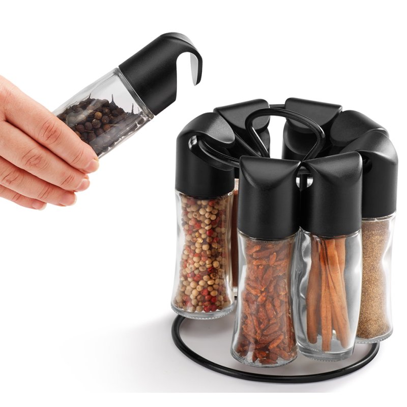Metaltex porte-épices rotatif, blanc, 8 pots en verre, étiquettes incluses
