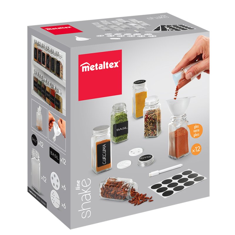Metaltex ensemble saupoudreur d'épices Shake-It, 120 ml, 12 pots en verre, avec accessoires
