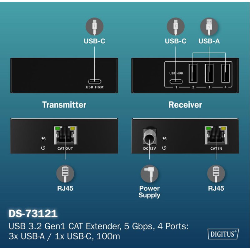 DIGITUS Rallonge USB 3.2 Gen1, 5 Gbps, 4 ports, noir