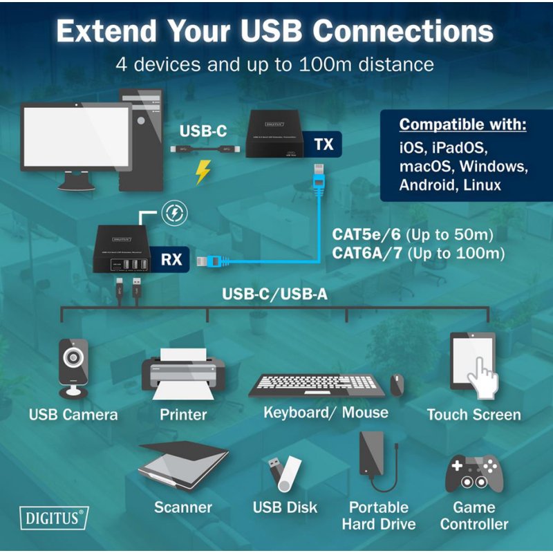 DIGITUS Rallonge USB 3.2 Gen1, 5 Gbps, 4 ports, noir