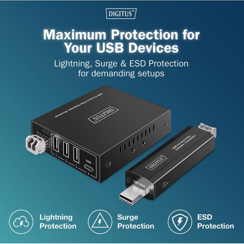 DIGITUS USB 3.2 Gen1 extender, black, 4 ports, fibre optic, 20 km