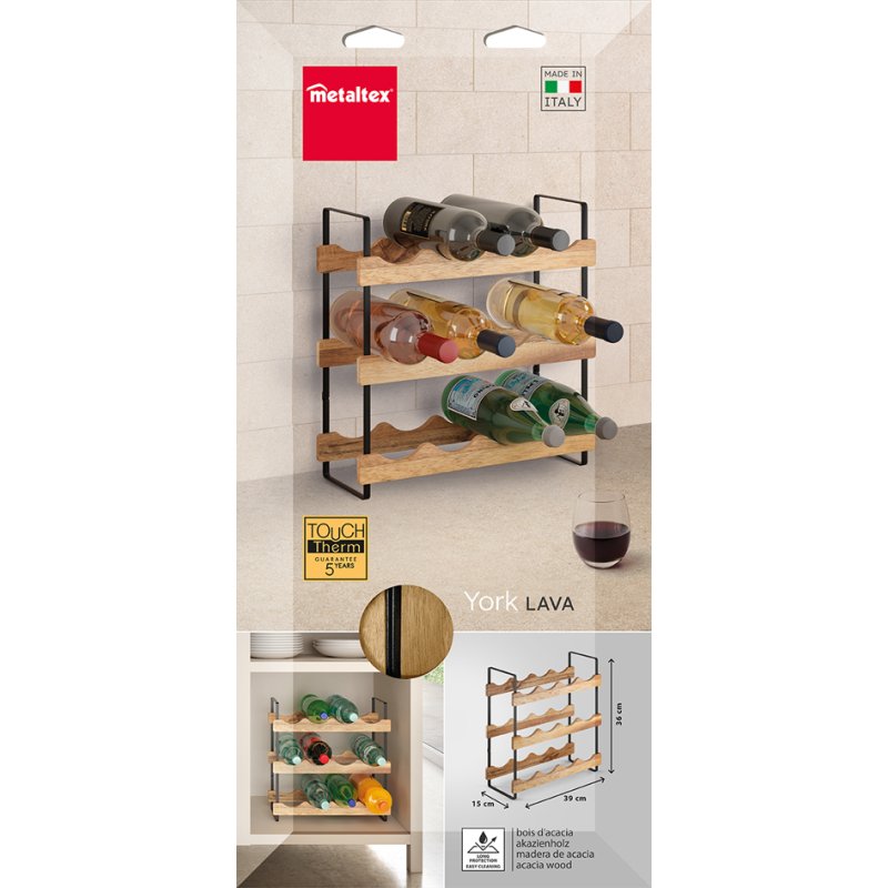 Metaltex flessenrek York LAVA, 3 etages, 12 flessen, mat zwart
