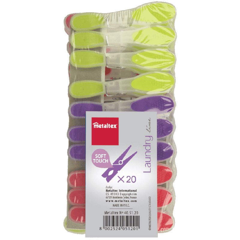 Metaltex Pinces à linge soft-touch, couleurs assorties, 18×83 mm, 20 pièces