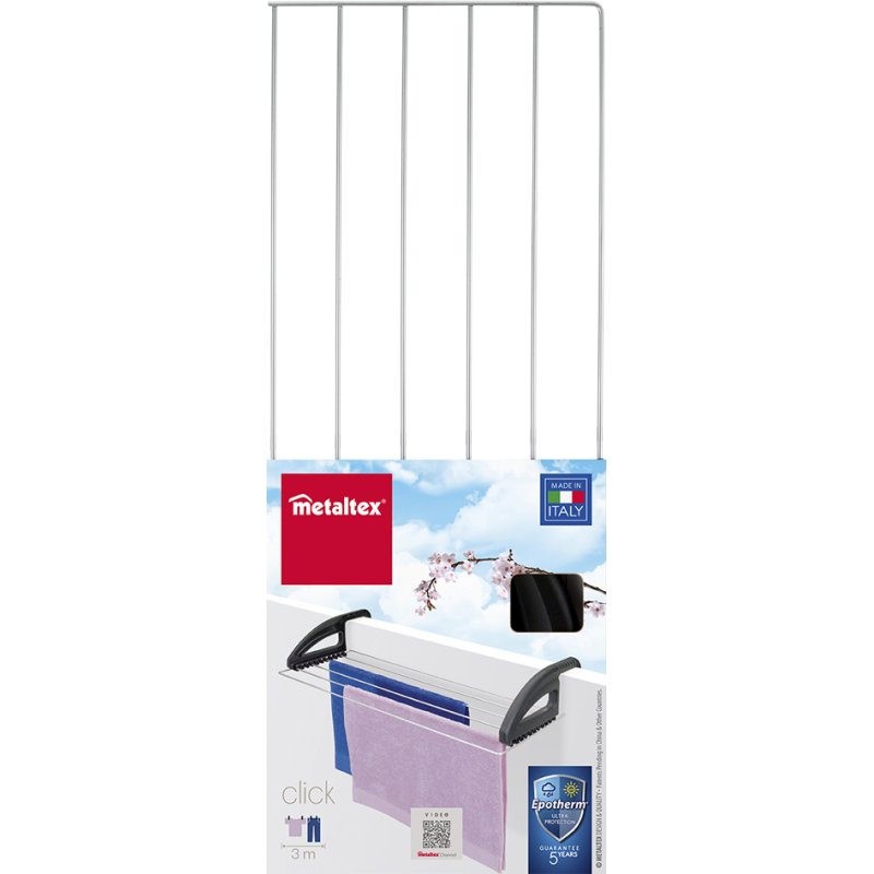Metaltex Click radiator and balcony drying rack, silver/black, 3 m drying line, rust-resistant