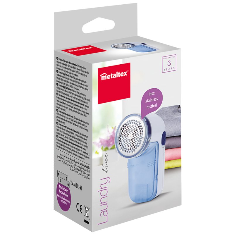Metaltex pluizenverwijderaar, met opvangbak, blauw/wit, 2x AA batterij