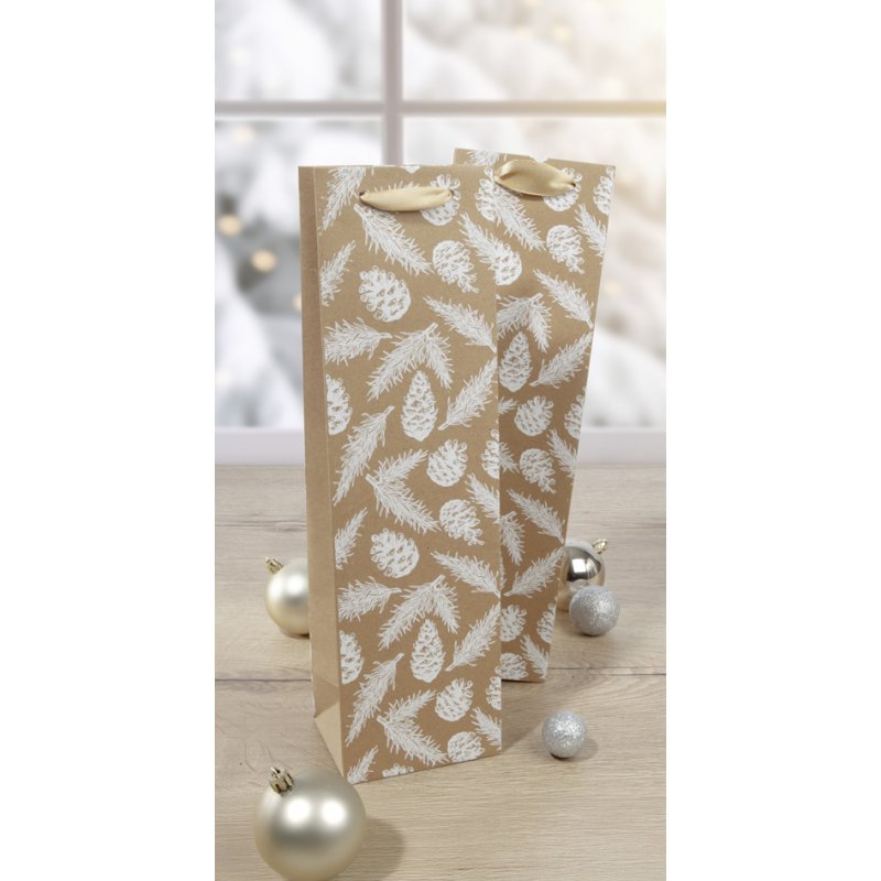 Sigel coffret cadeau de Noël sac bouteille Pommes de pin et branches de sapin, carton brun, 100×80×350 mm