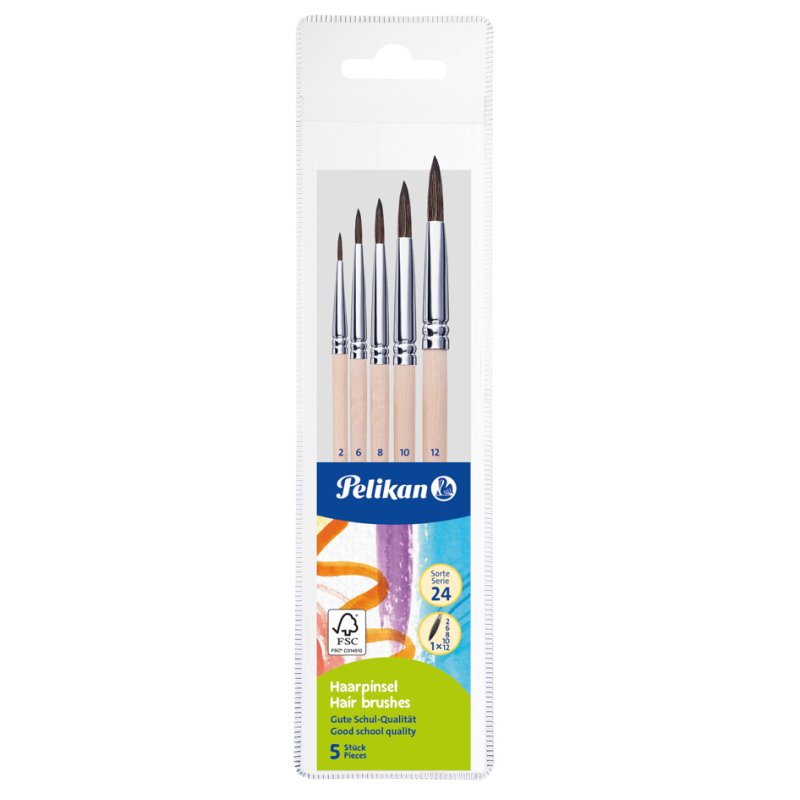 Pelikan set de démarrage pinceaux poils, manche bois, 5 pièces