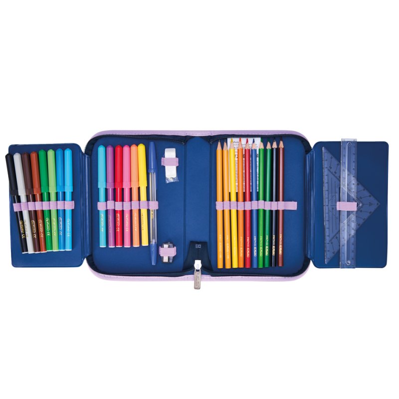 herlitz trousse à crayons Unicorn Dreams, bleu foncé/rose, 31 pièces, polyester, 205×140×38 mm