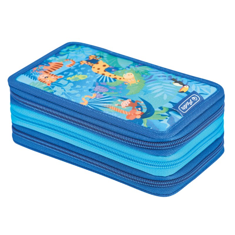 herlitz pencil case TriCase Jungle Safari, light blue/dark blue, 31-piece filled, 3 compartments