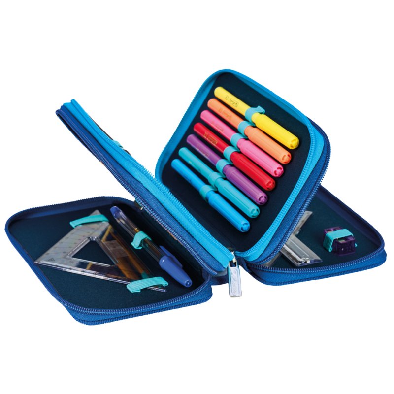 herlitz pencil case TriCase Jungle Safari, light blue/dark blue, 31-piece filled, 3 compartments