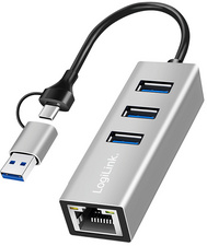 LogiLink Adaptateur Ethernet USB 3.2 Gigabit, hub USB 3 ports, 2-en-1 USB-A/USB-C