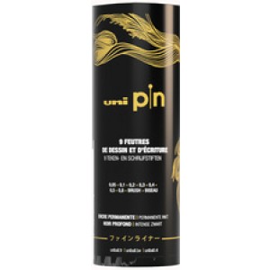 uni-ball fineliner set uni pin, 9 pennen, metalen koker, waterbestendige inkt