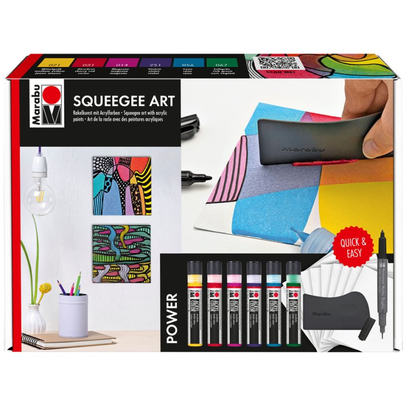 Marabu acrylverf Squeegee Art Set Power, 6 kleuren, rakel en papier