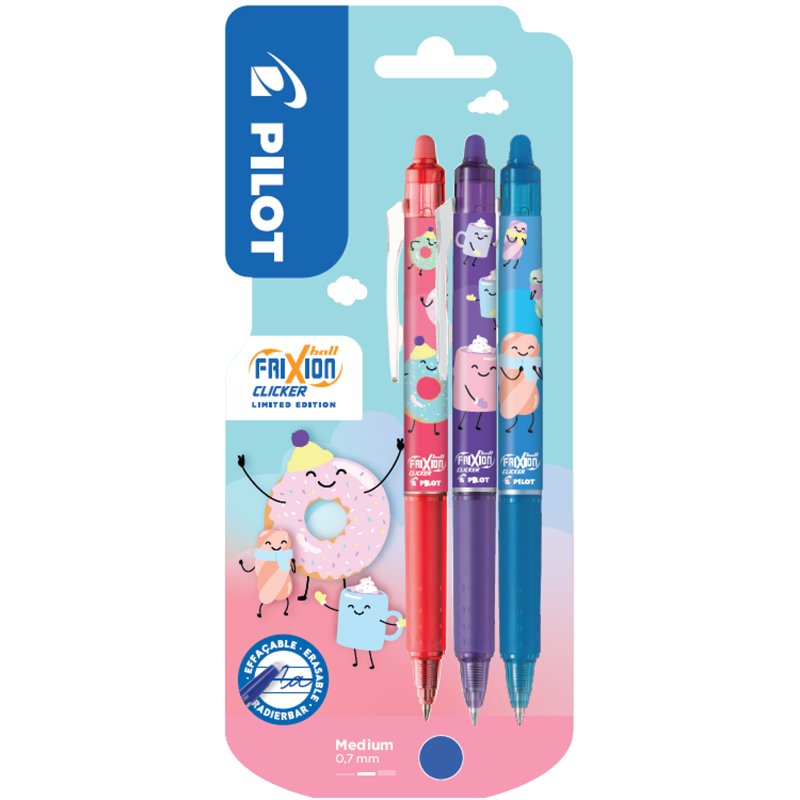 PILOT rollerpen FRIXION BALL CLICKER 07 Fancy Winter, wisbaar, blauw, 3 stuks
