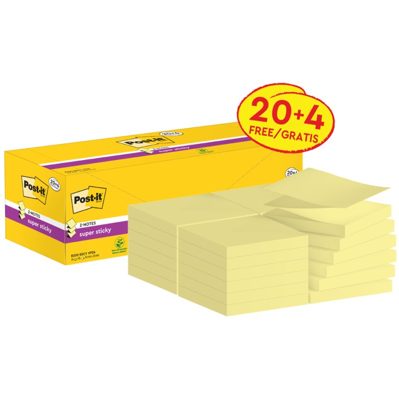 Post-it Super Sticky Z-Notes, 76×76 mm, jaune, 24 blocs