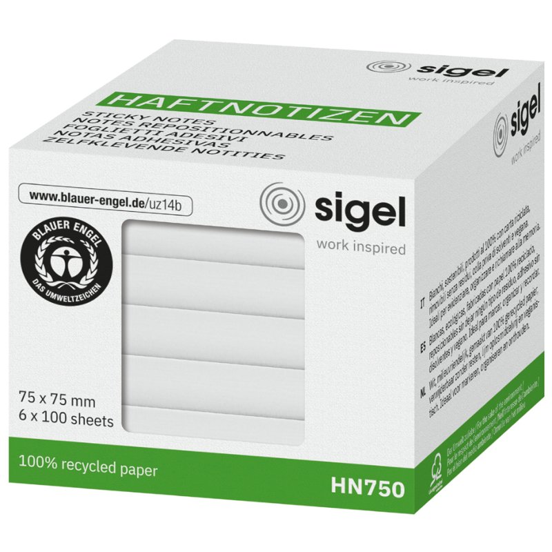 Sigel bloc-notes adhésifs, 125×75 mm, blanc, vierge