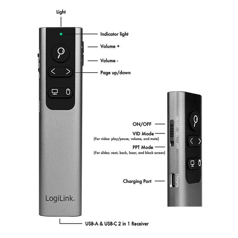 LogiLink présentateur sans fil avec pointeur laser, 2,4 GHz, aluminium, portée 50 m
