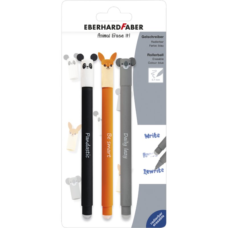EBERHARD FABER Animal Erase It! gel pens, refillable, blue, 3 pieces