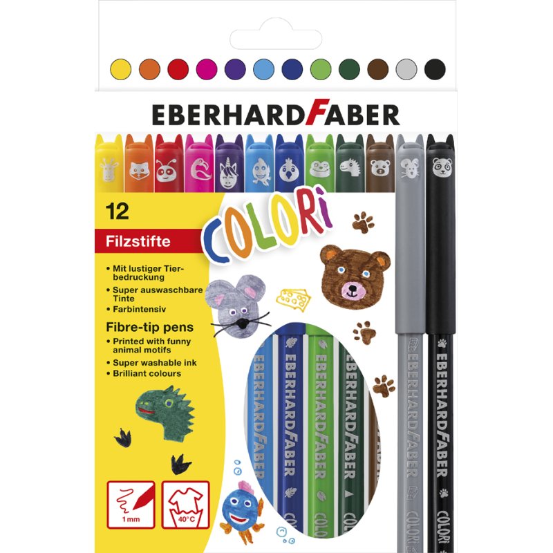 EBERHARD FABER feutres Animal COLORI, lavable, rond 1,0 mm, 12 pièces