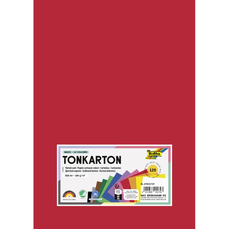 folia tonkarton A3, 180 g/m², 12 kleuren gesorteerd, 120 vel
