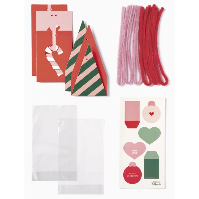 folia gebaksverpakkingsset Sweet Christmas, transparant, roze en rood, 24-delig
