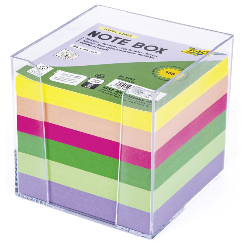 folia memoblok met box, 90×90 mm, transparant/kleurig, 700 vel
