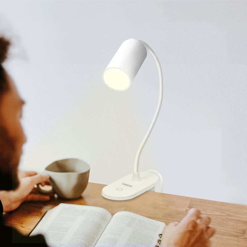 LogiLink LED reading lamp with clamp base, white, flexible gooseneck, 3 brightness settings