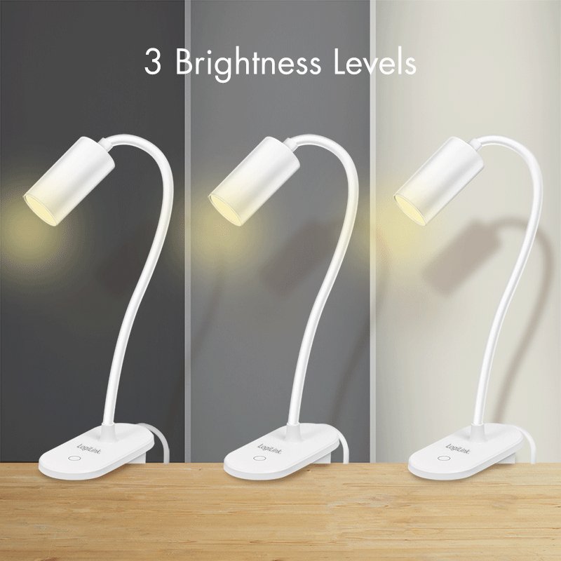 LogiLink LED reading lamp with clamp base, white, flexible gooseneck, 3 brightness settings