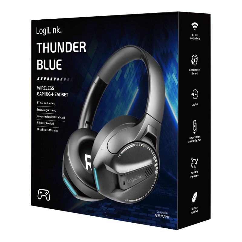 LogiLink Thunder Blue gaming headset, Bluetooth 6.0, zwart, 50 uur batterij