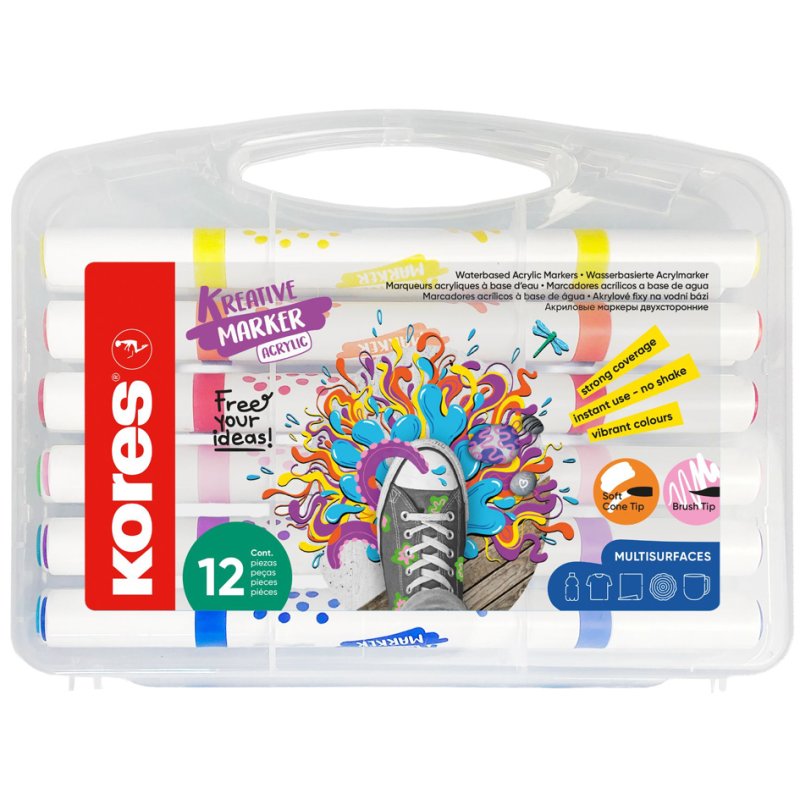 Kores marqueurs acryliques Duo, 2 pointes, couleurs assorties, 12 pièces
