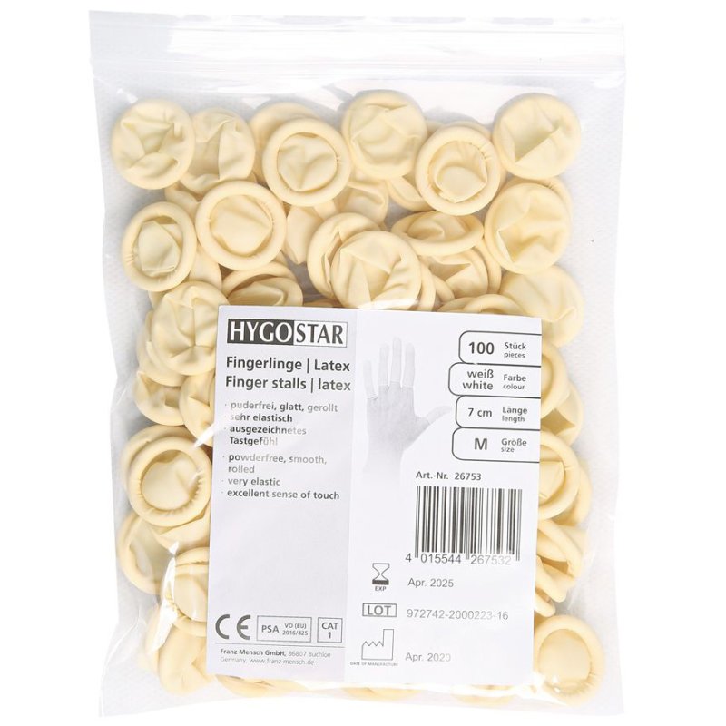 HYGOSTAR doigts de protection latex, sans poudre, blanc, taille M, 100 pcs