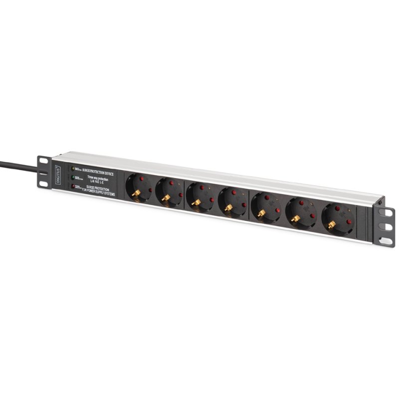 DIGITUS 19" power strip, aluminium profile, 7-way, silver/black, surge protection, 45-degree swivel, 2 m cable