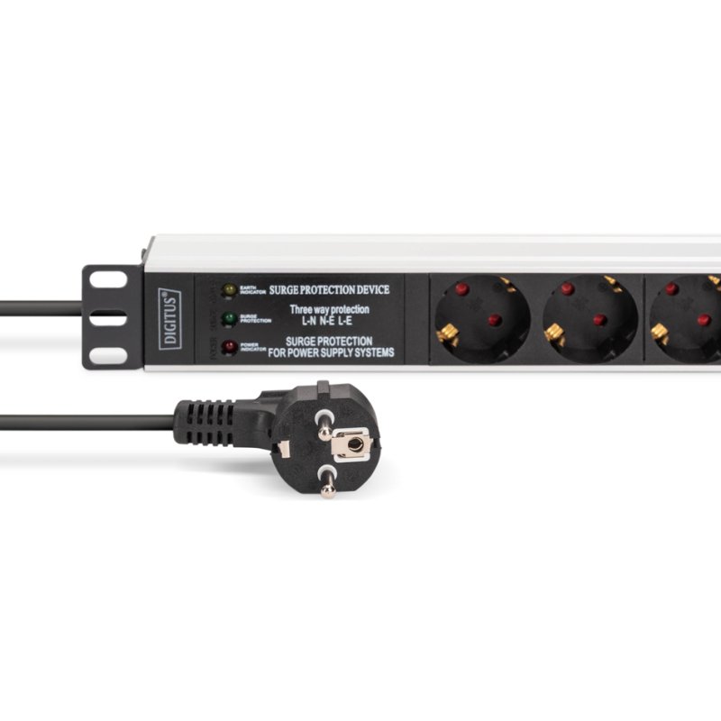 DIGITUS 19" power strip, aluminium profile, 7-way, silver/black, surge protection, 45-degree swivel, 2 m cable