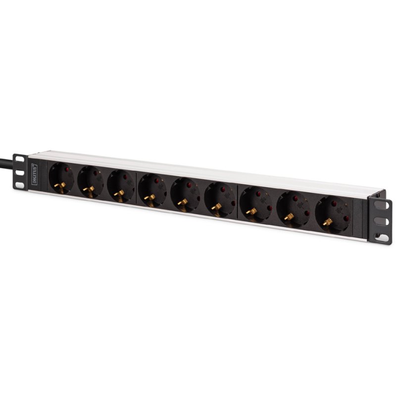 DIGITUS 19" power strip, 9-way, cold appliance plug, surge protection, aluminium housing, silver/black