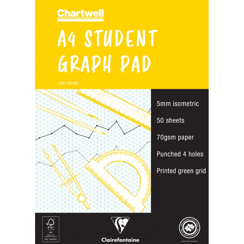 Clairefontaine papier millimétré Student Graph Pad A4, 5 mm isométrique, 50 feuilles, 10 pièces