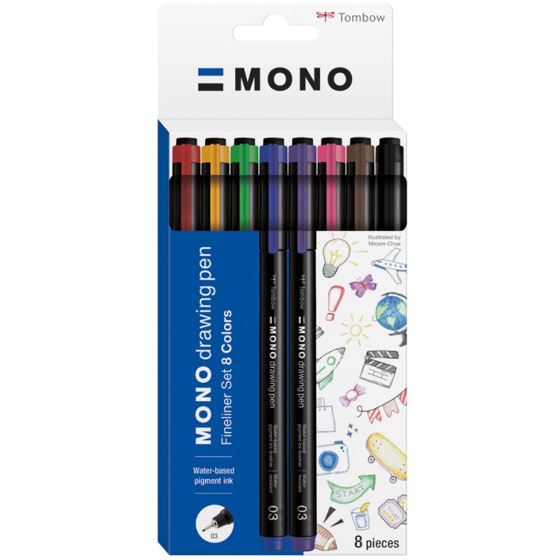 TOMBOW fineliner MONO drawing pen, 0,35 mm, kleurensortiment, 8 stuks