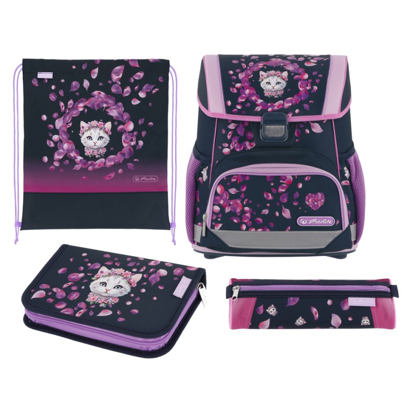 herlitz school bag Loop Plus Blossom Dance, cat motif, dark blue/pink, 17L