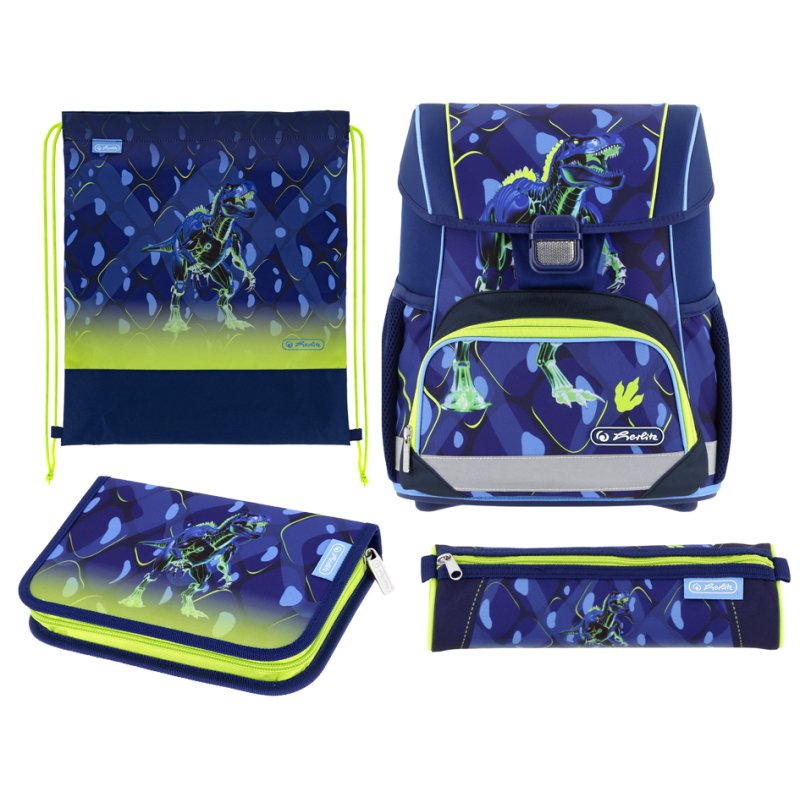 herlitz cartable Loop Plus T-Rex Explorer, bleu/vert, motif dinosaure, 17 L