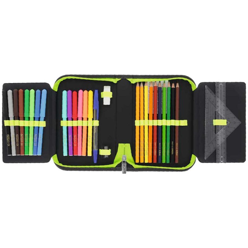 herlitz school case Wild Panther, anthracite/green, 31-piece, polyester, 205×140×38 mm
