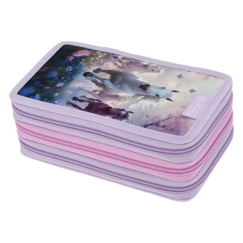 herlitz TriCase Whisper Mane pencil case, purple/pink, polyester, 3 compartments, 31-piece filled