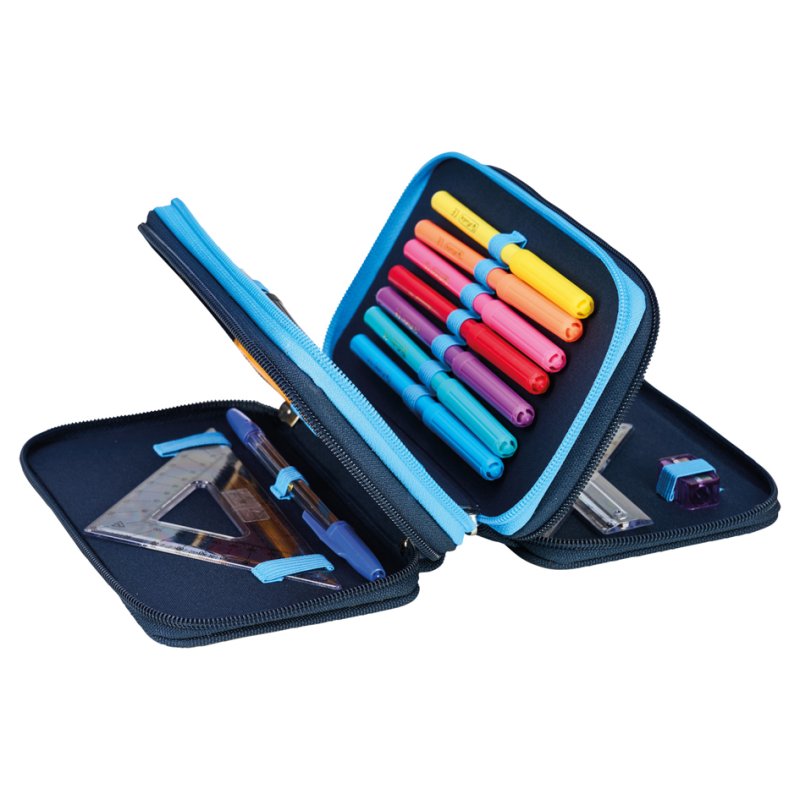 herlitz TriCase Thunder Rex pencil case, dark blue/light blue, 31-piece filled, 3 zips, polyester