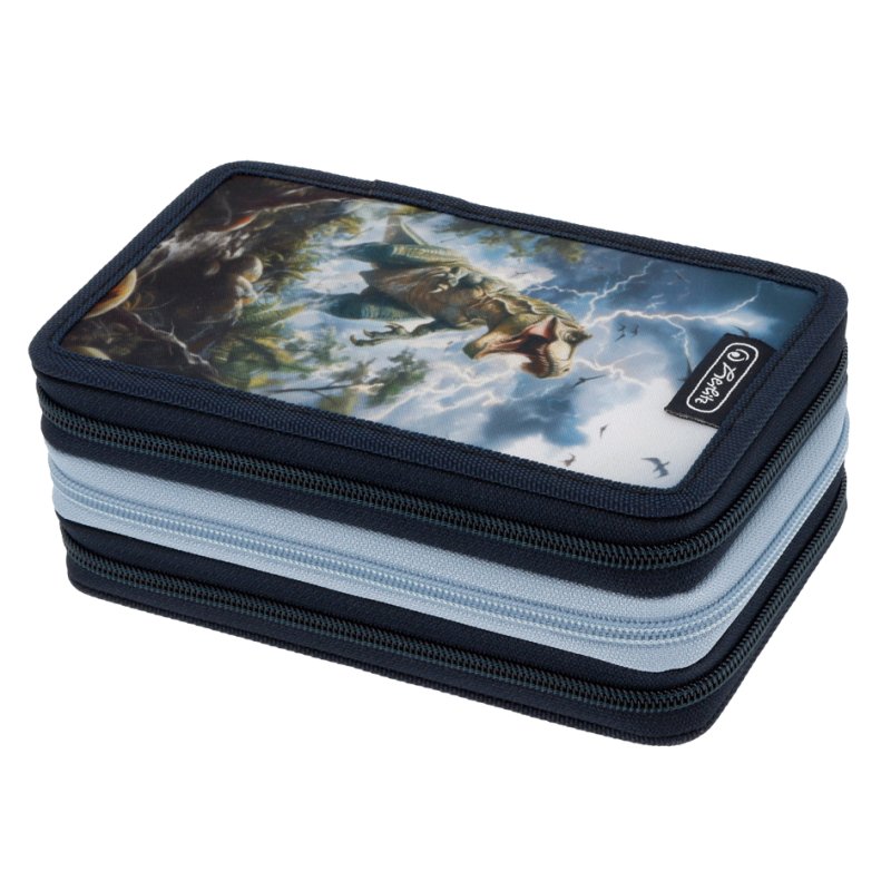 herlitz TriCase Thunder Rex pencil case, dark blue/light blue, 31-piece filled, 3 zips, polyester