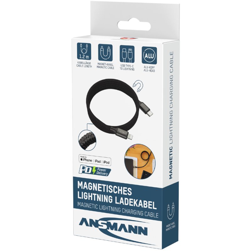 ANSMANN magnetische data- en oplaadkabel, USB-C naar Lightning, zwart, 1,2 m